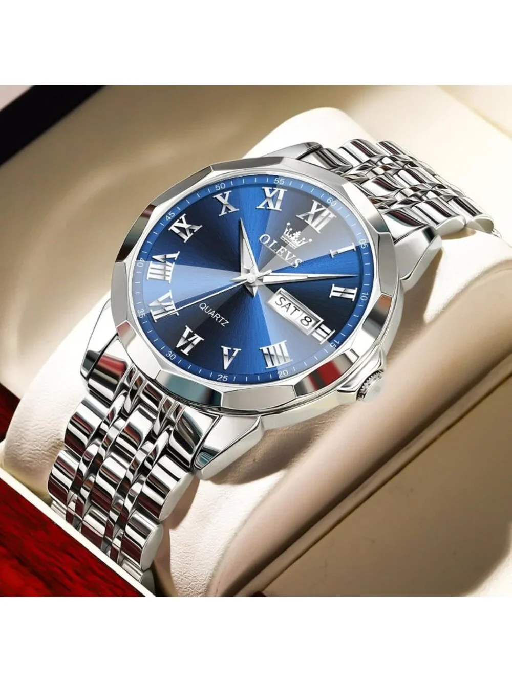 Men's Silver Blue Face Stainless Luminous Quartz Waterproof Round Classic Watch